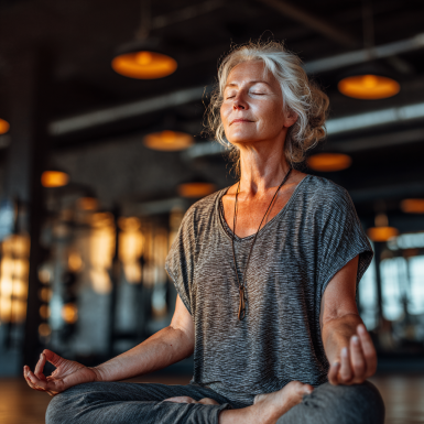 Літня жінка займається йогою в спокійному середовищі