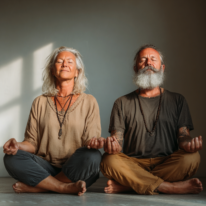 Група літніх людей займається йогою на свіжому повітрі